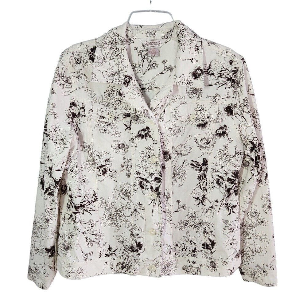 Vintage Northern Reflections Black Floral White Denim Jacket Size L Cottagecore